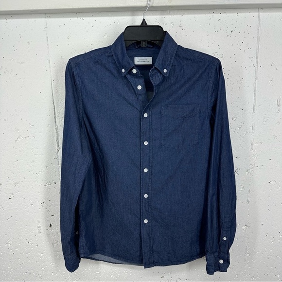 Saturdays NYC Mens XS Indigo Button-Down Collar Cotton Chambray Shirt - Picture 2 of 11